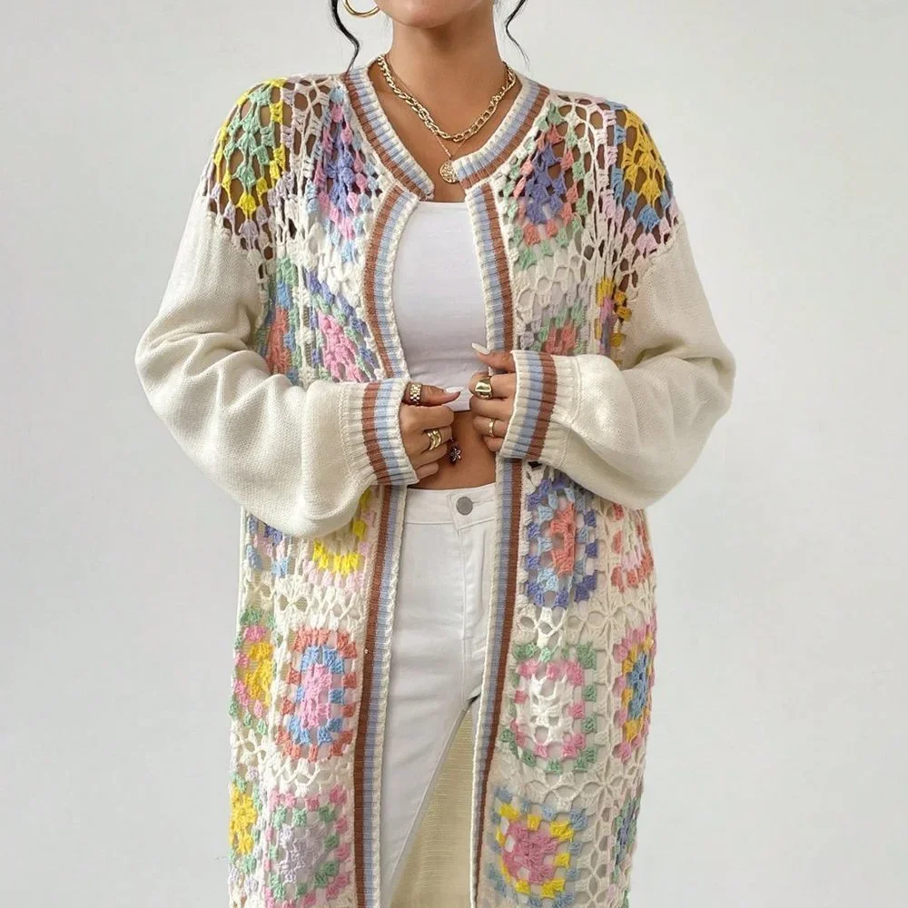 Apricot Casual Womens Geo Pattern Drop Shoulder Open Front Cardigan - Picture 4 of 5